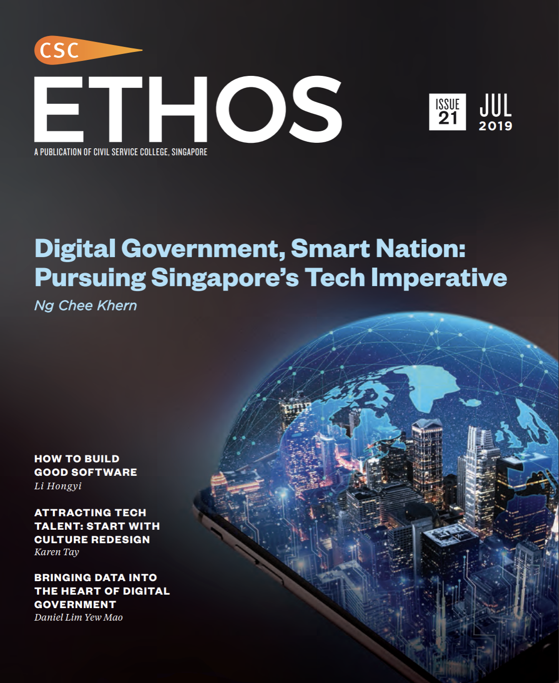 Magazine cover titled "ETHOS" with a digital cityscape emerging from a smartphone and various article titles listed.